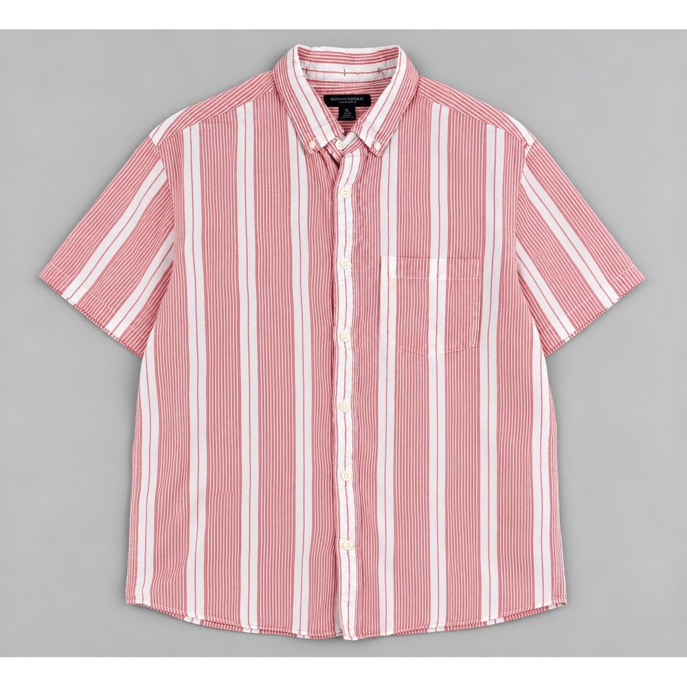 Banana Republic Mens XL Red White Striped Linen Cotton Short Sleeve Button Down